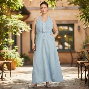 Universal Thread‎ Women's Halter Neck Denim Maxi Dress, 14